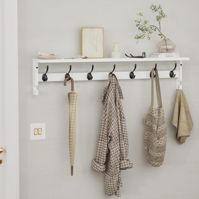 Solid Pine Wood Wall Coat Rack with Shelf – 22 lbs Capacity Metal Hooks for Entryway, Bedroom & Kitchen