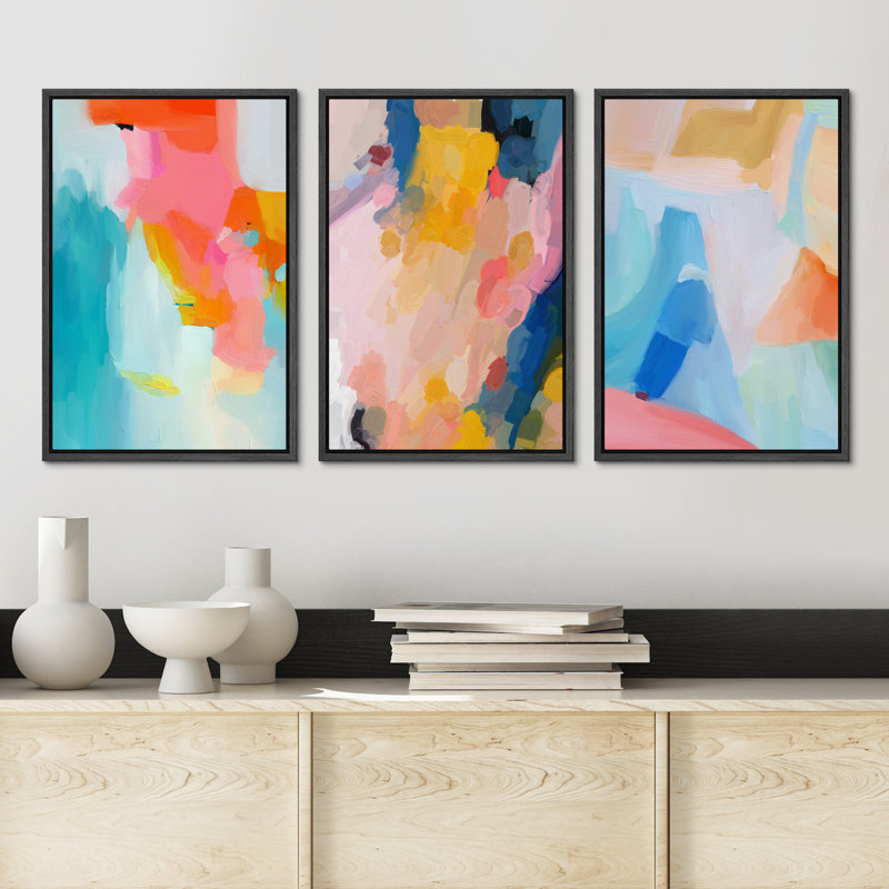 «Vibrant Multicolor Paint Stroke Shapes Abstract Abstract Decor», reproduction encadrée sur toile, 3 pièces