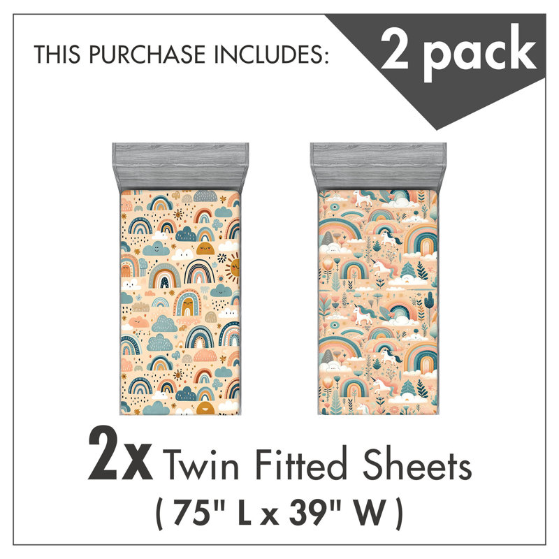 Twin Blue and Peach Microfiber Unicorn and Rainbow Fitted Sheet Set