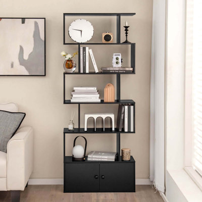 6-tier S-shaped Bookcase Storage Rack Bookshelf With Cabinet Anti-toppling Devices