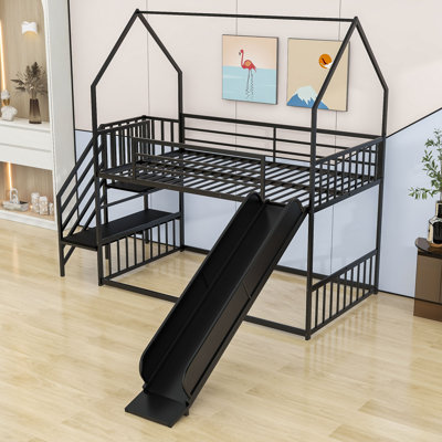 Stonyford Twin over Twin Metal Bunk Bed with Slide and Stair by Harper Orchard
