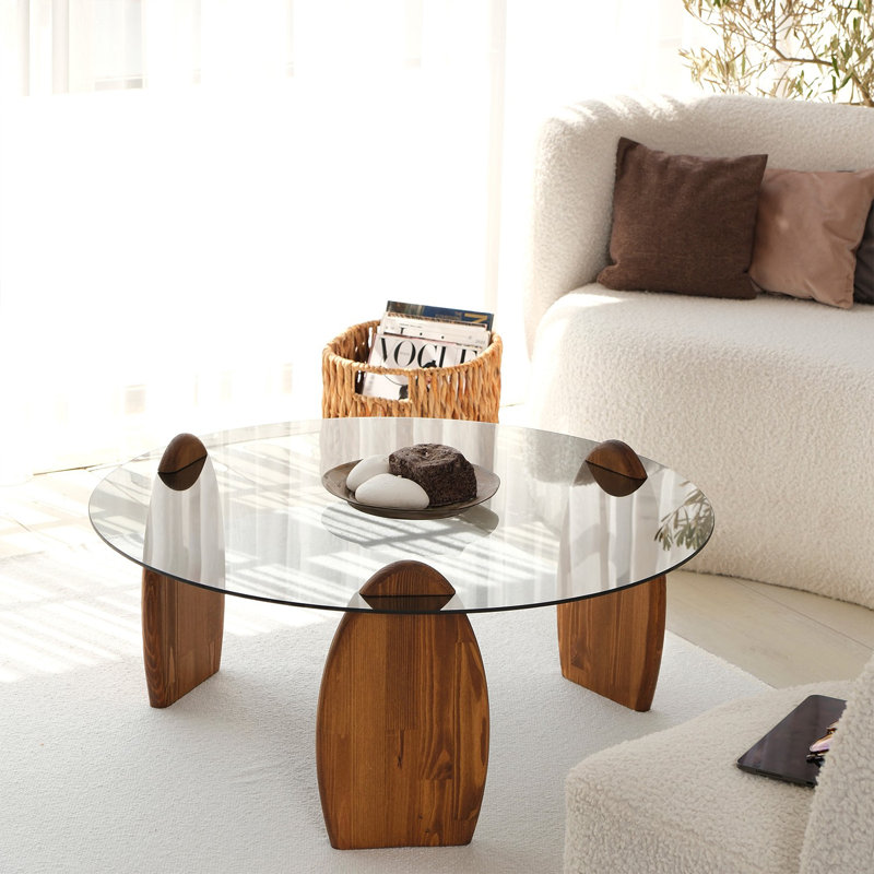 Table basse moderne, plateau 100% verre trempé, structure en bois de pin massif, 35,4 x 16,1 x 35,4 pouces | Finition élégante châtaignier et fumée | Parfait pour le salon, design élégant et durable, facile à nettoyer