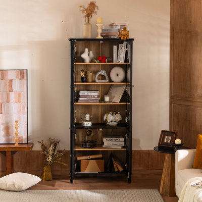 Vitrine 75,5 po H 75,05 po Mid-Century avec portes en verre trempé, tablettes réglables, poignées en métal et charnières amortissantes pour rangement