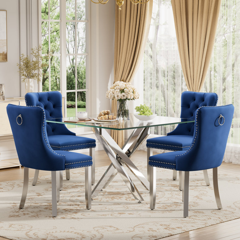 Ensemble de salle à manger à piédestal carré avec chaise capitonnée, 5 pièces: table, 4 chaises, Bleu, Argent