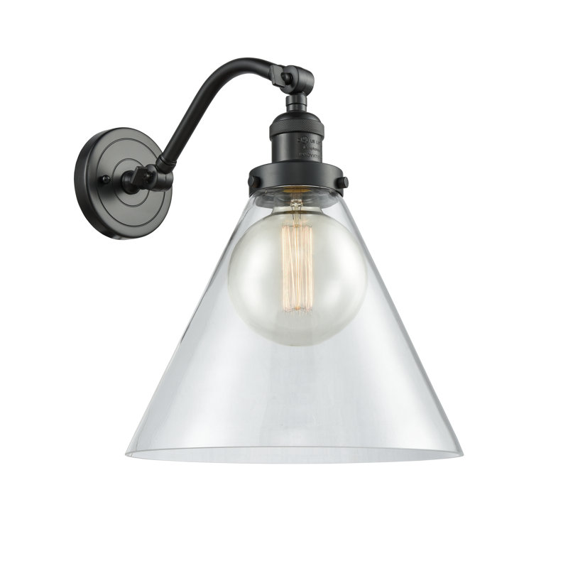 Applique murale 1 lumière Cone, Ampoule incandescente rétro 60 watts, Clair, Noir mat