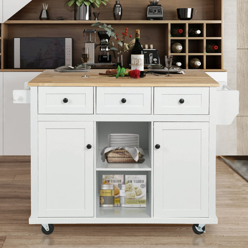 Wide Rolling Kitchen Island With Solid Wood Top,island,coffee cart, White