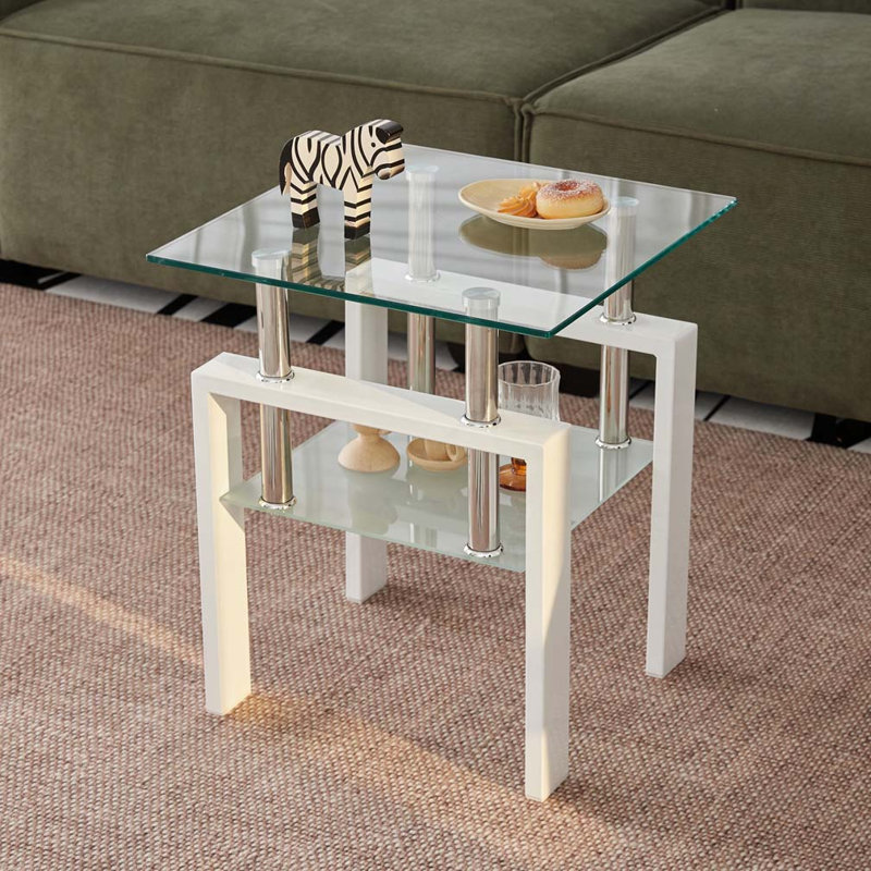 Table de bout en verre trempé transparent, petite table avec rangement 2 couches