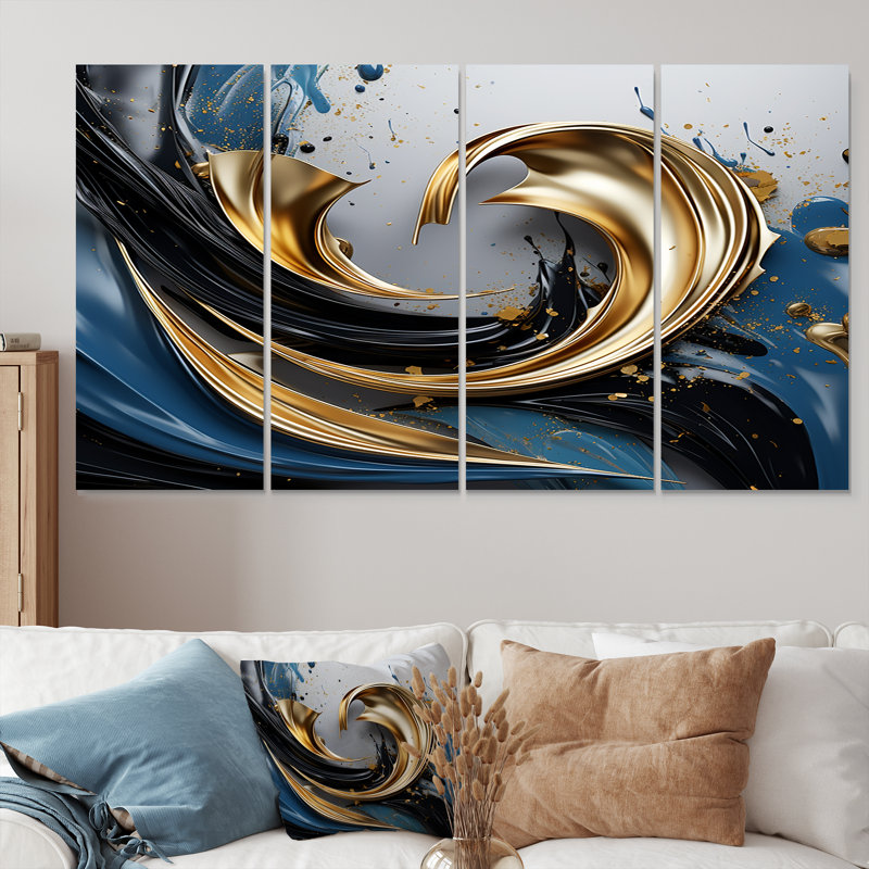 «Evolving Gold Flow», art mural abstrait à l'encre liquide pour le salon, 4 pièces, H 28 po x l 48 po