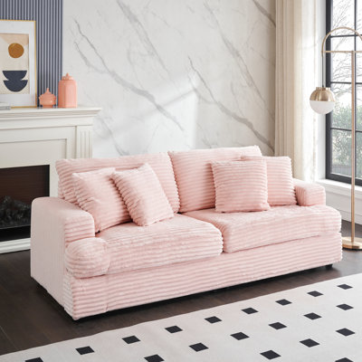 Spacious Corduroy 3 Seater With 4 Pillows, Pink, Relaxing For Living 3 Room