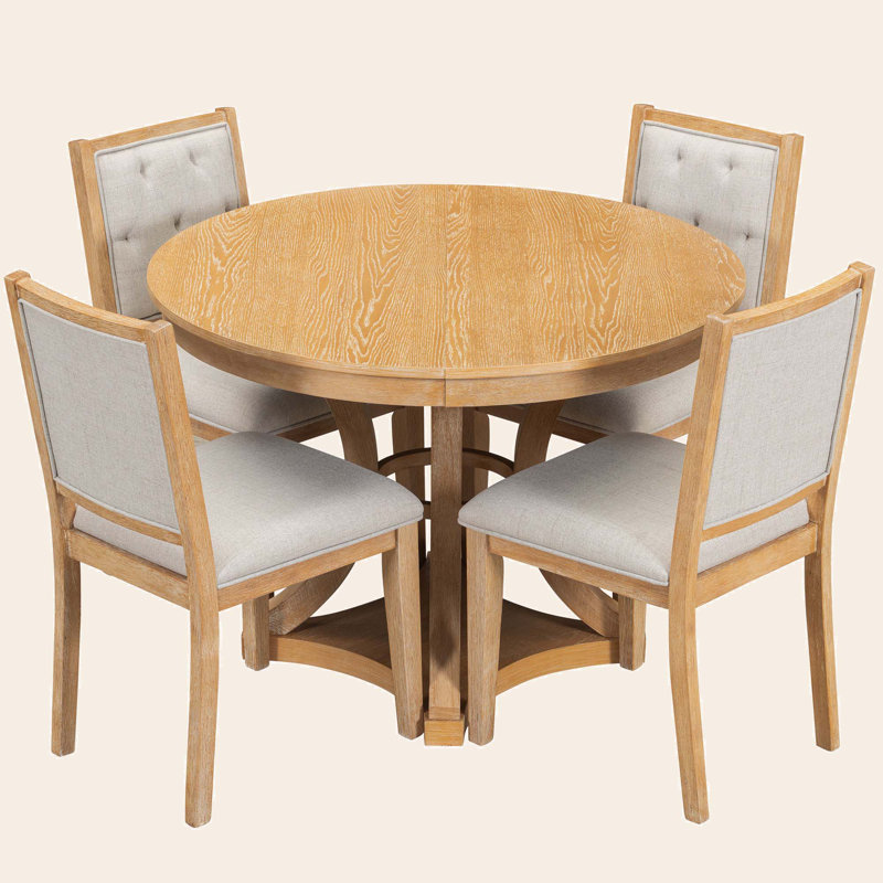 Ensemble 5 pièces de table de salle à manger rétro et 5 chaises rembourrées, Naturel, Beige, Naturel