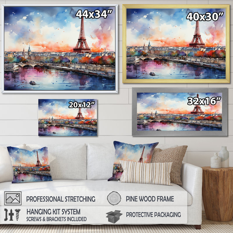 «Paris Cityscape Eiffel Tower in Spring I», reproduction sur toile, Cadre flottant noir, 16" H x 32" W