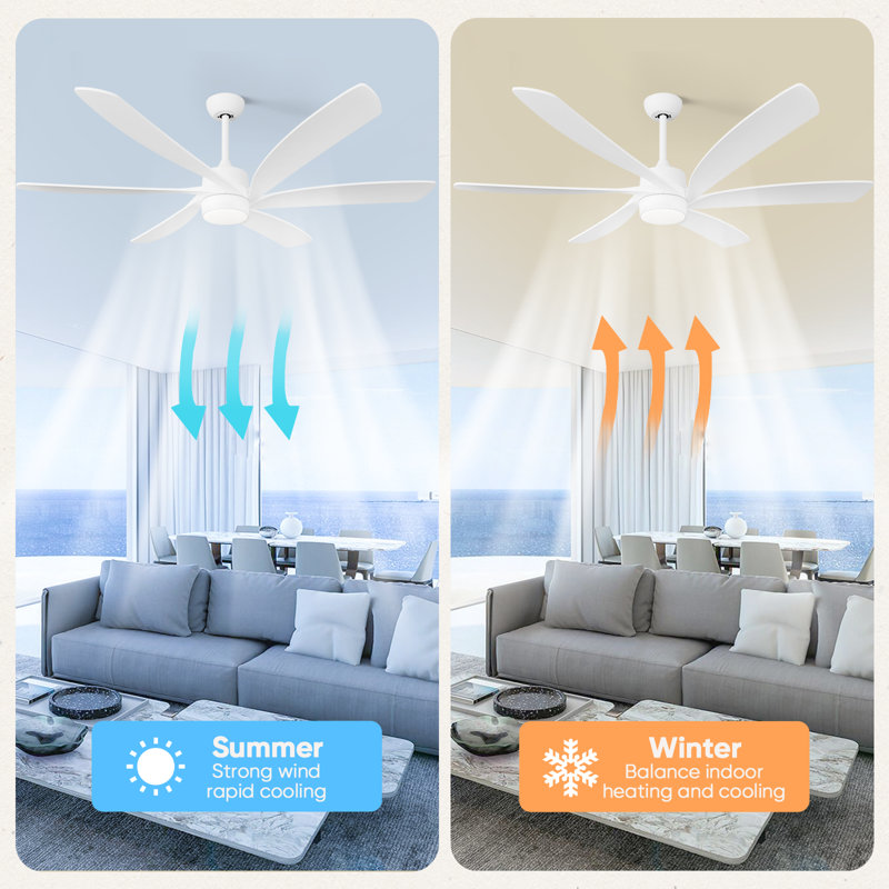 64" Modern 6 Blade Low Profile Dc Motor Ceiling Fan With Led Light And Remote For Indoor/outdoor Covered Spaces, White, White