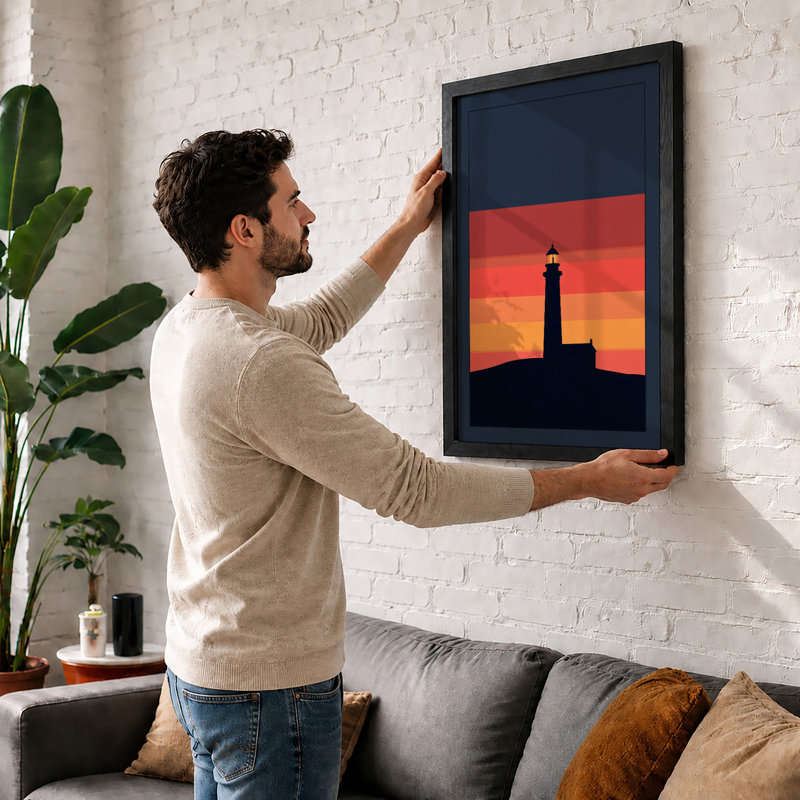 Lighthouse At Dusk Minimalist - Print, A2 - 59.4 x 42.0 cm, White