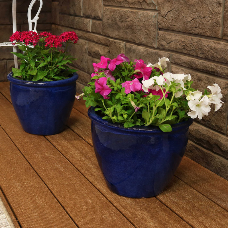 Chalet 11.75" x 11.75" x 9.5" Round Ceramic Outdoor Planter 2-Count - Imperial Blue, Blue, 9.5" H x 11.75" W x 11.75" D