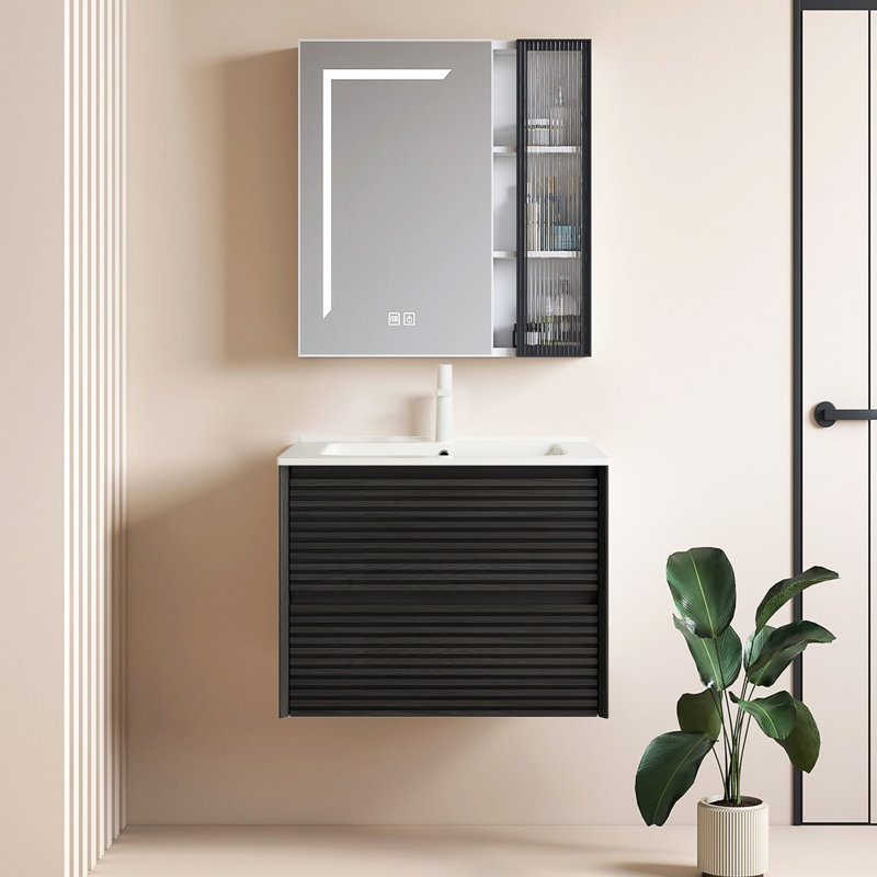 Meuble-lavabo de salle de bain avec lavabo, armoire de rangement murale en contreplaqué flottant avec 2 tiroirs, couleur grain de bois de chêne foncé (robinet non inclus)