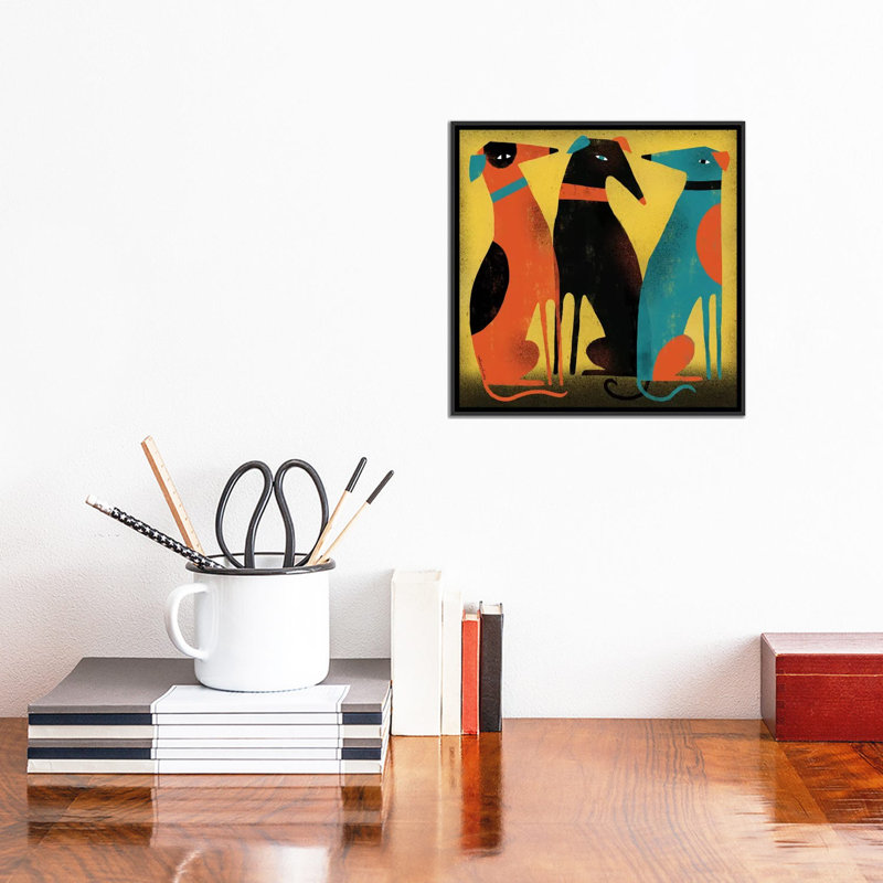 « greyhounds », reproduction sur toile tendue Terry Runyan, Toile avec cadre noir, Pas de tapis, H 18 po x l 18 po x P 1,5 po