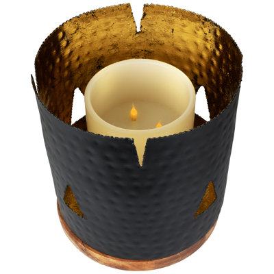 Iron And Pillar Candle Holder With Wood Base - 11.75" - Antique Black And Copper Foil