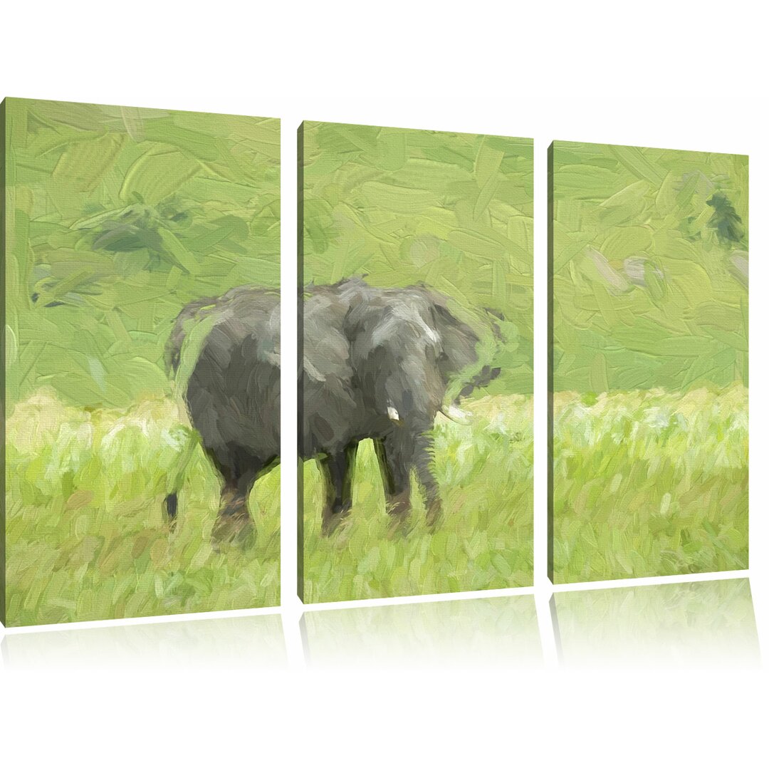 3-tlg. Leinwandbilder-Set „Gigantischer Elefant im Gras“, Kunstdruck