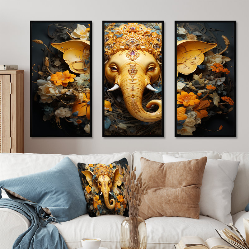 «Hindu Ganesha Elephant God Curmeric Tints», ensemble d'art sur toile, H 32 po x l 48 po x P 1 po, Cadre flottant noir