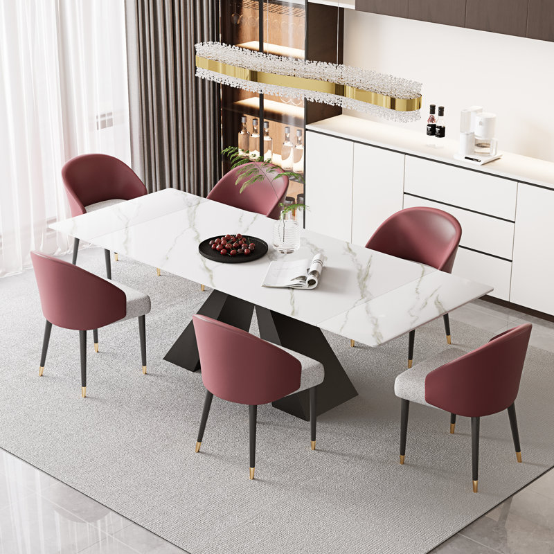 94.5”  Extendable Dining Table Set With Rectangular Sintered Stone Top And 6 Faux Leather Chairs, Brown/Gray