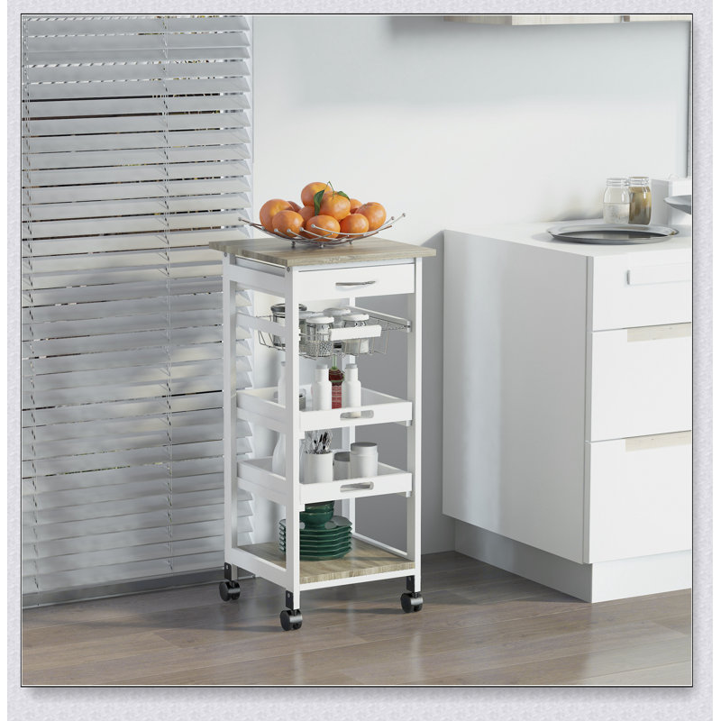 Chariot de cuisine mobile, îlot roulant avec rangement, structure en bois massif, paniers grillagés, plateaux et tiroir pour une meilleure organisation