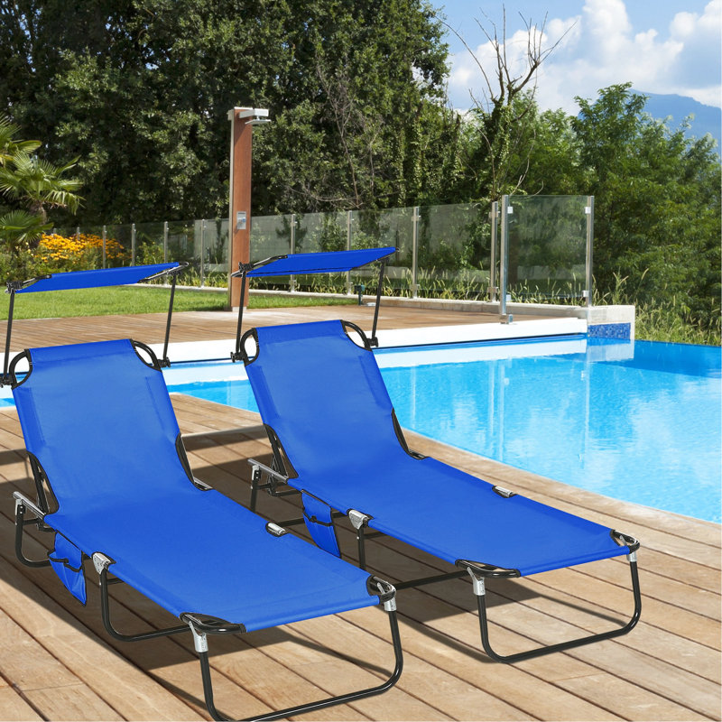 Blue Beach Chairs - Folding Chaise Lounge Pool With Sun Canopy, Reclining , Steel Frame, Side Pocket For Outdoor Leisure In Patio, Yard, Patio Lounges Canopy Shade, Back, Construction, Relax Beach,