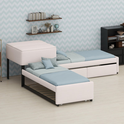 L-Shaped Upholstered Platform Bed with Trundle, Storage Drawers & Built-in Desk