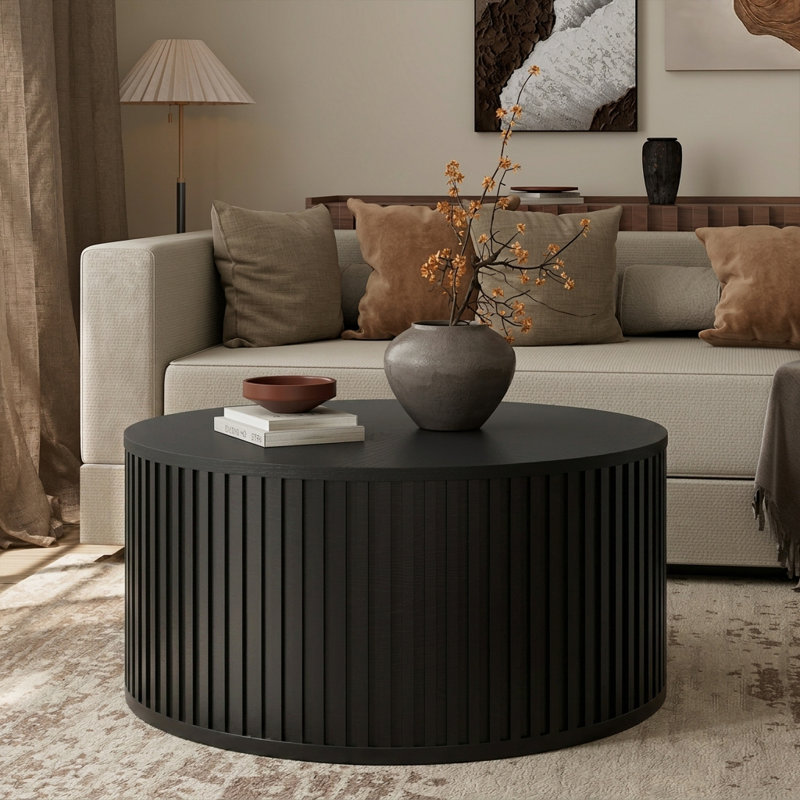 31.5" Round Solid Wood Lift Coffee Table With Storage, Black