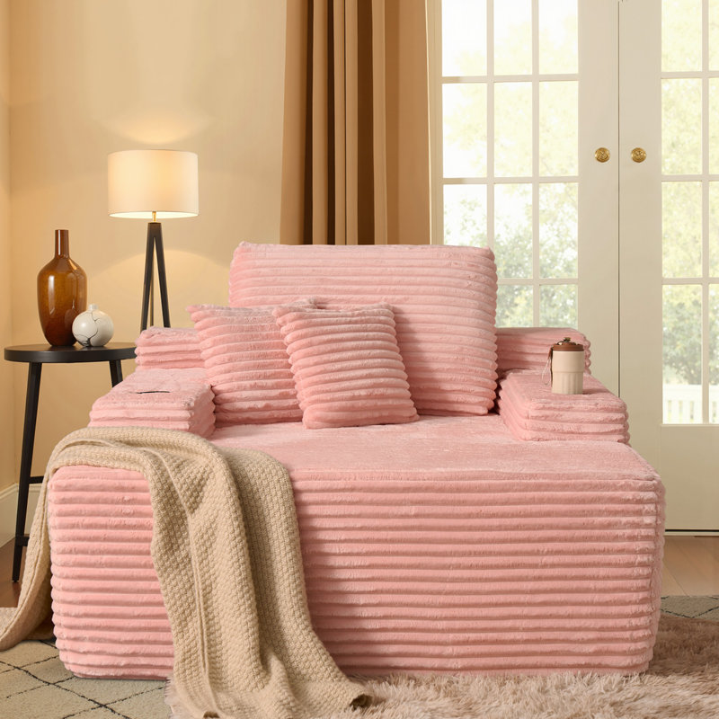 48.42'' Wide Oversized Upholstered Chaise Lounge Chair With Armrests, Pillows, And Cup Holder – No Assembly Required