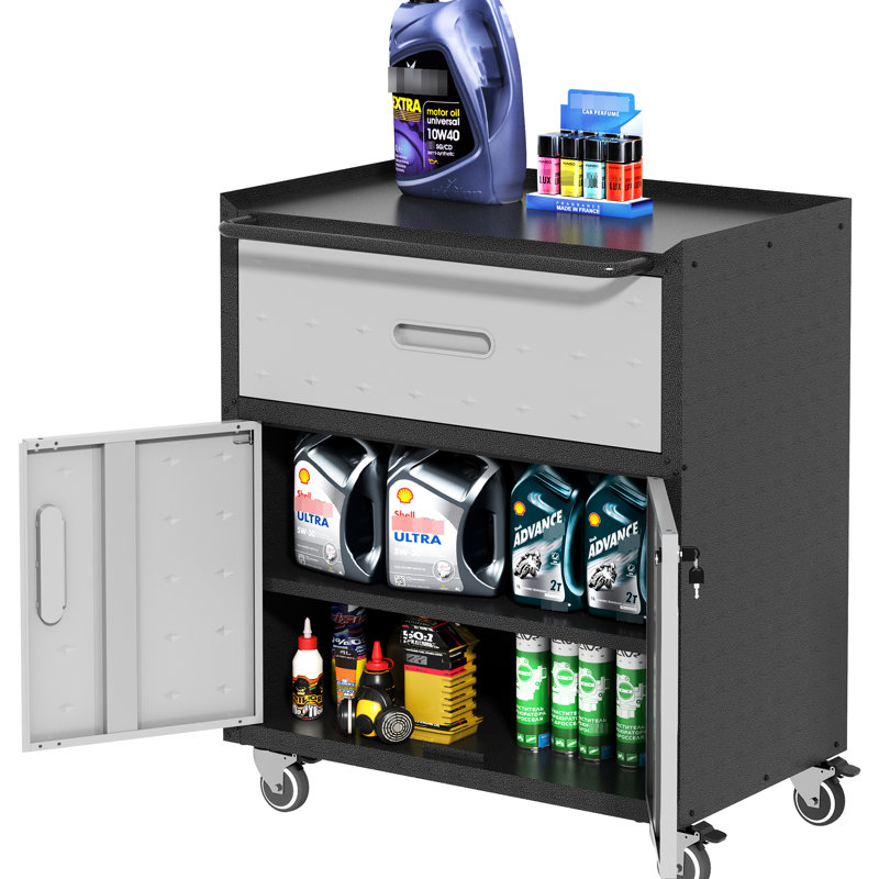 Armoire à outils en métal robuste pour garage sur roulettes - l 29,48 po x P 16,11 po x H 35,4 po, 1 tiroir, 2 portes verrouillables, rangement roulant noir et gris avec portes