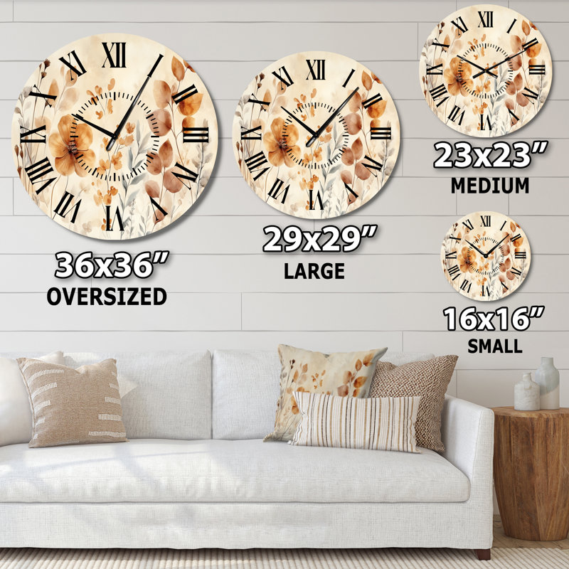 Horloge murale en métal beige à motifs botaniques séchés aux tons naturels, imprimée sur métal, Petit