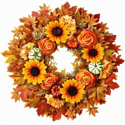Couronne d'automne de 23,6 pouces pour la porte d'entrée, le porche, la fenêtre - feuilles d'érable artificielles, fausses citrouilles, fausses roses, tournesol extérieur, couronne pour la maison, décor de fête de l'Action de grâce, fête des vendanges