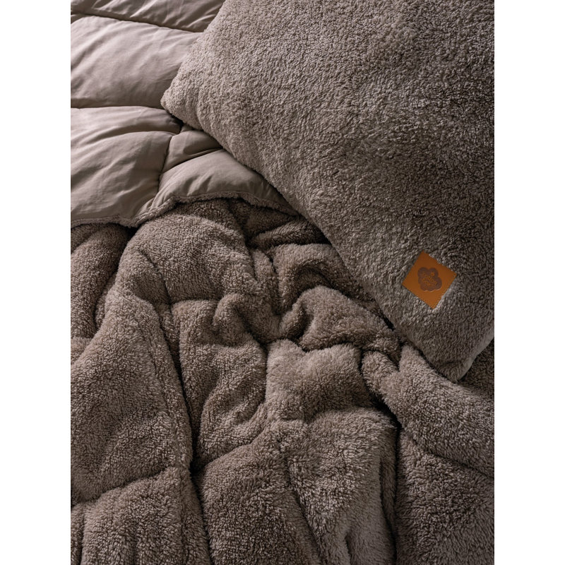 Ensemble d'édredon en molleton Everly Teddy, Beige, Courtepointe double + 2 coussins