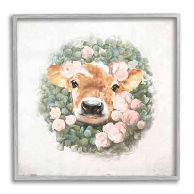 Adorable bébé veau veau, couronne de fleurs roses, giclée, ensemble d'art texturé par échelle blanche