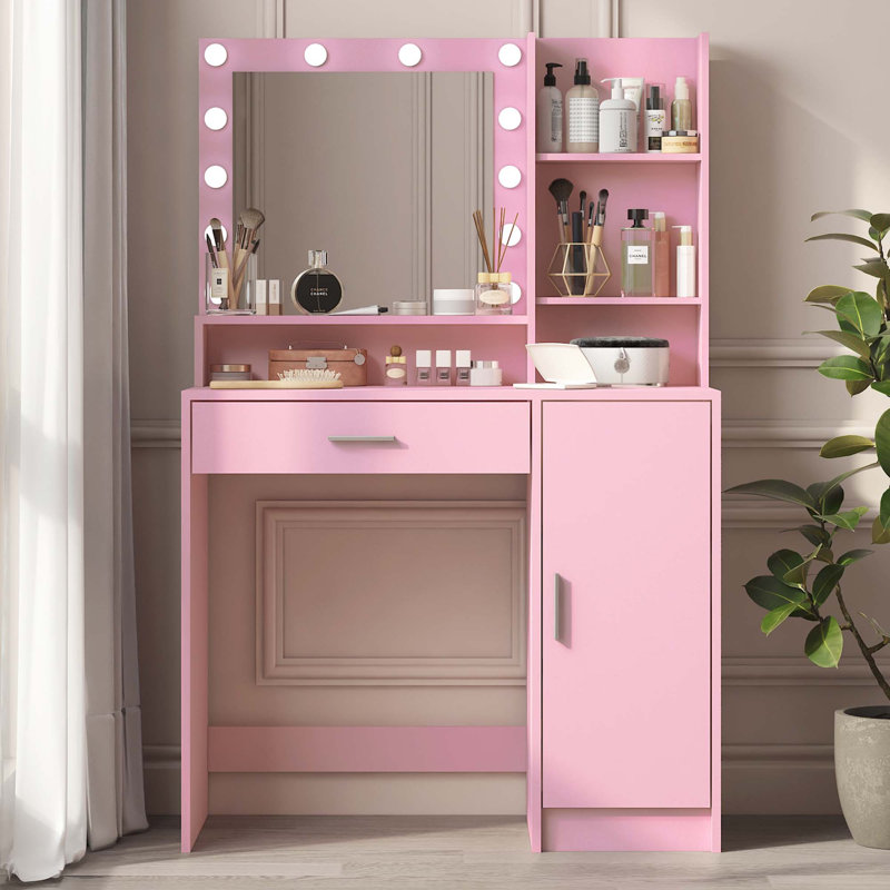 Coiffeuse Rhett avec miroir, éclairage DEL et rangement spacieux Rhett, Rose pastel