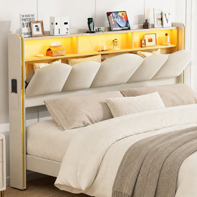  Tête de lit très grande avec rangement, tête de lit tapissier en velours de 48 po de hauteur avec lumières DEL, 2 prises de courant, station de charge et 2 ports USB, cadre de fixation, assemblage facile, beige