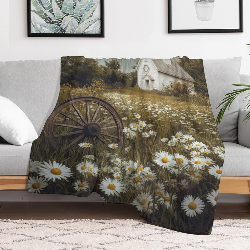 Wagon Wheel près de Church Daisies Bloom Luxury Flanel Jeté, 40 po x 50 po