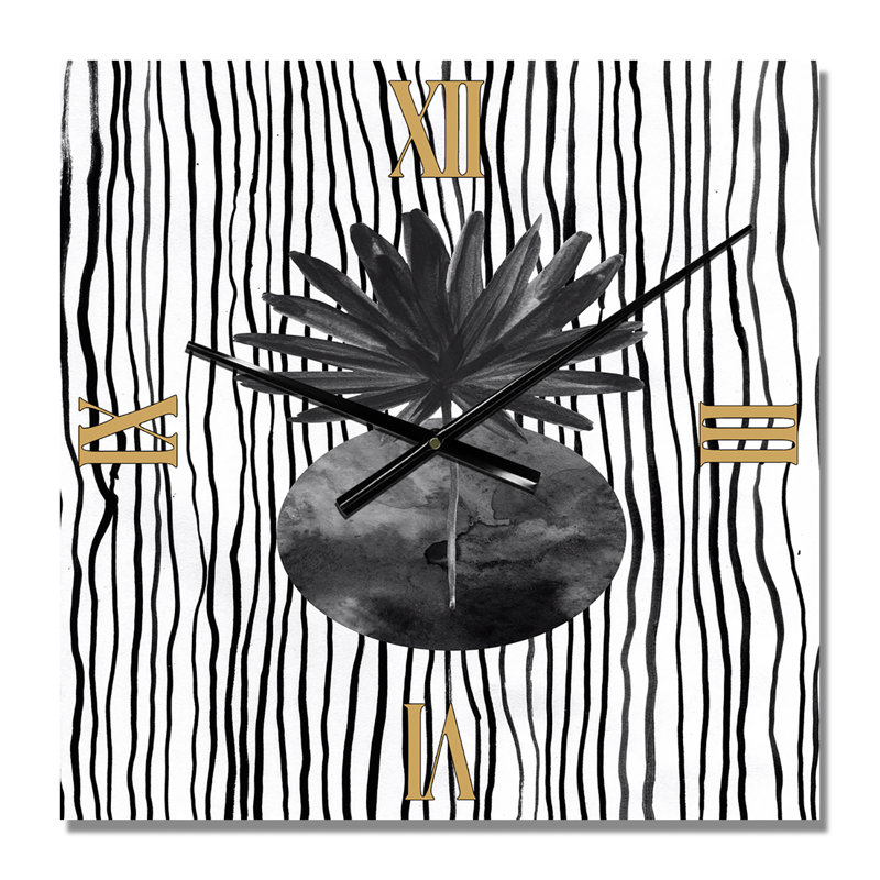 Horloge murale moderne noir et blanc à motif de feuilles tropicales I, Moyen
