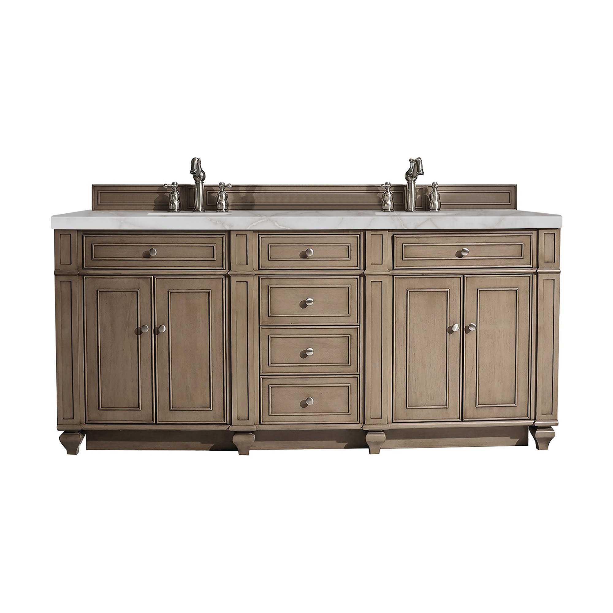 Bristol 72'' W Double Vanity, Whitewashed Walnut, Victorian Silver, 8" Widespread