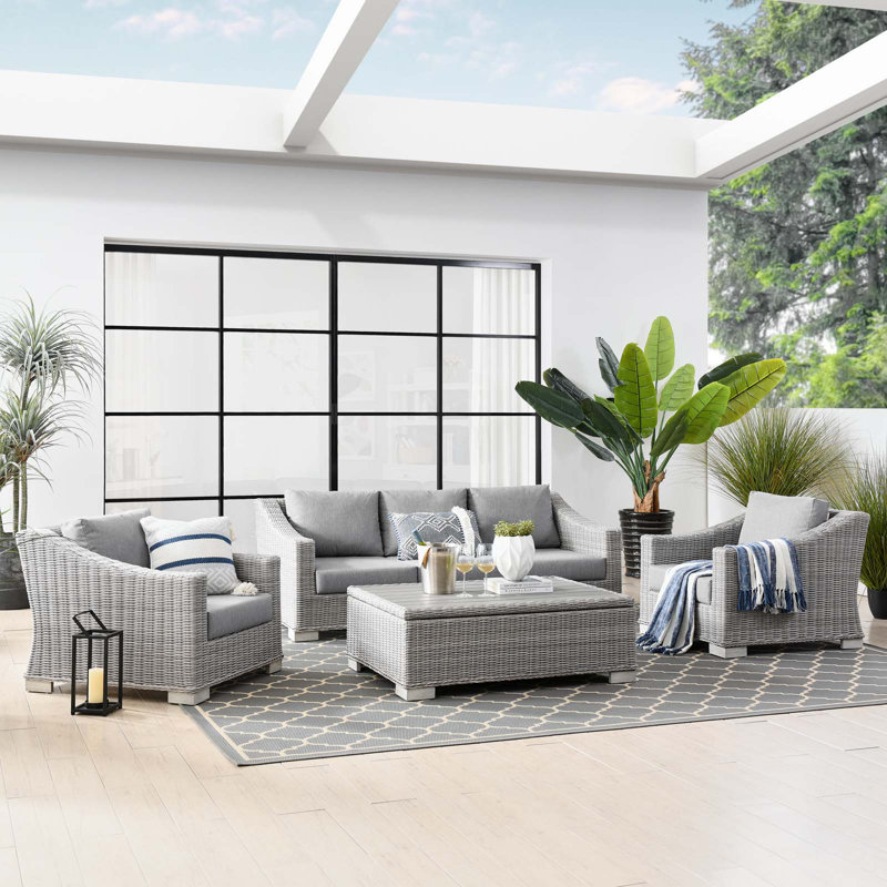 Modway Conway 4-Piece Outdoor Patio Wicker Rattan Furniture Set, Gray