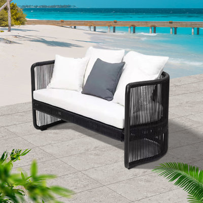 76.77"" Wide Outdoor Wicker Patio Sofa with Cushions -  Latitude Run®, 5FC954A3C9D44C838A4A2DF67D11FE5A