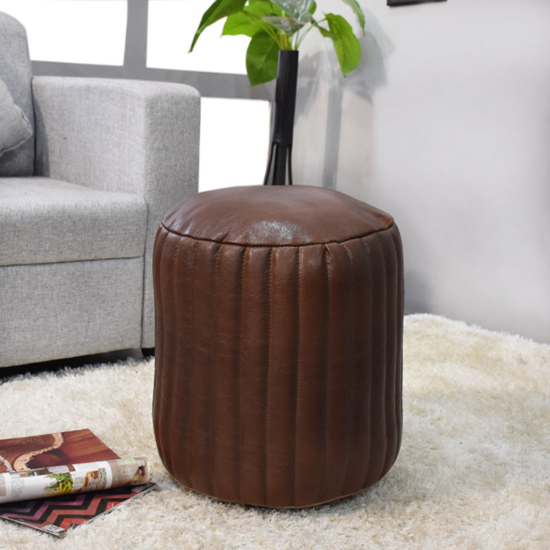 POUF BRUN EN CUIR BRUN FABRIQUÉ À LA MAIN - 18 po x 18 po x 18 po, forme ronde, couleur unie, cuir Buffalo Genunie, rembourré de coton recyclé, repose-pieds pour le salon, la salle d'étude, Patio et bureau