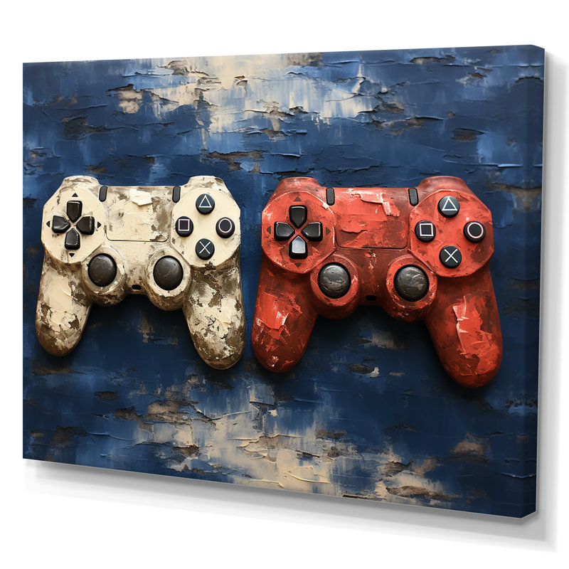 White And Red Ps Video Game Controllers - Video Games Wall Art, Wrapped Canvas, 30" H x 40" W x 1.5" D