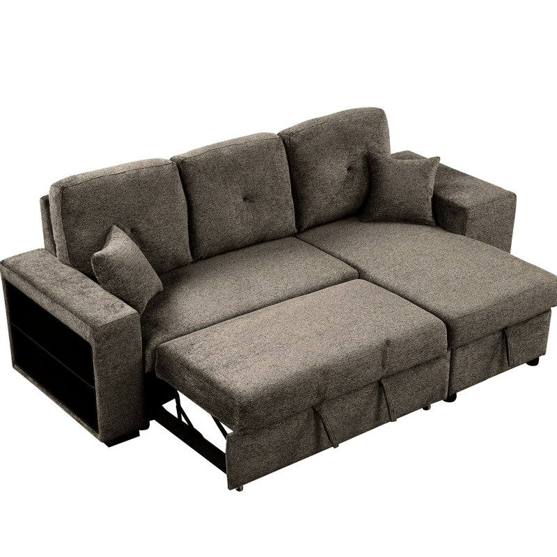Reversible Bed Sectional With Storage And Stools, L-Shaped For Space Saving, Velvet Upholstered, Charcoal Side Shelf Storage, Pull-Out Sleeper Anywhere, Foam,