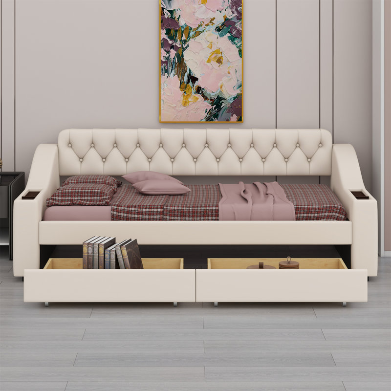 Lit de jour rembourré avec accoudoirs de rangement et port USB, Beige