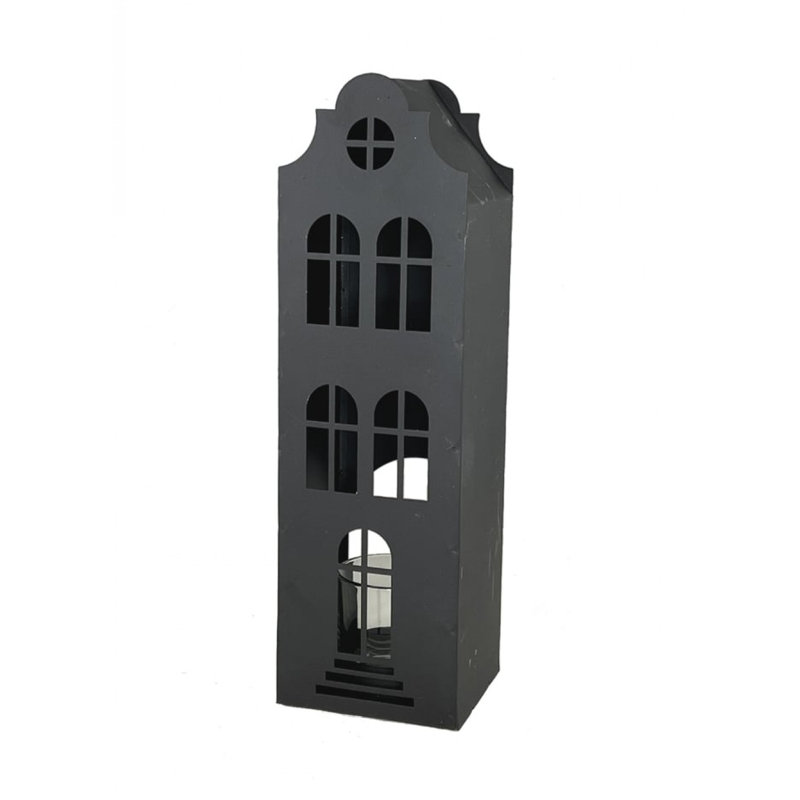 Black Metal Townhouse Tealight Candle Holder with Glass Insert