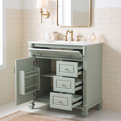 Meuble-lavabo standard autoportant en bois massif et panneau de fibres à densité moyenne de 30 po, vert, comptoir en céramique, tiroir rabattable, 3 tiroirs et armoire de rangement