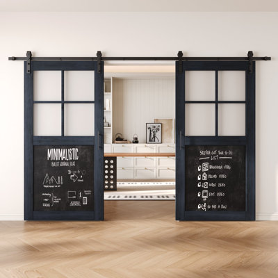 Homacer Navy Double 42in x 80in Half Lite Chalkboard Design Unassembled & Finished Barn Doors with Non-Bypass Installation Hardware Kit, 15ft track, interior use only