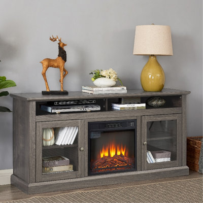 Meuble télé avec foyer de 18 po et rangement polyvalent, noyer foncé, compatible 65 po, l 60 po x P 15,63 po, H 29 po, meuble de divertissement et porte en verre noyer 4777