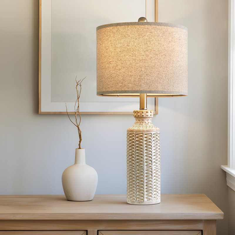Damarrion 24.75'' Cream-White Ceramic Table Lamp with Linen Shade